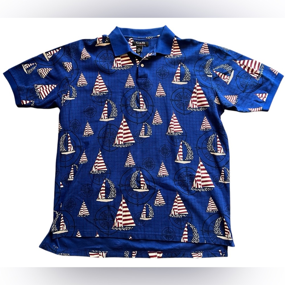 Cutter & Buck‎ Sport Mens Sz XLT Nautical All Over Print USA Sailboat Polo Shirt